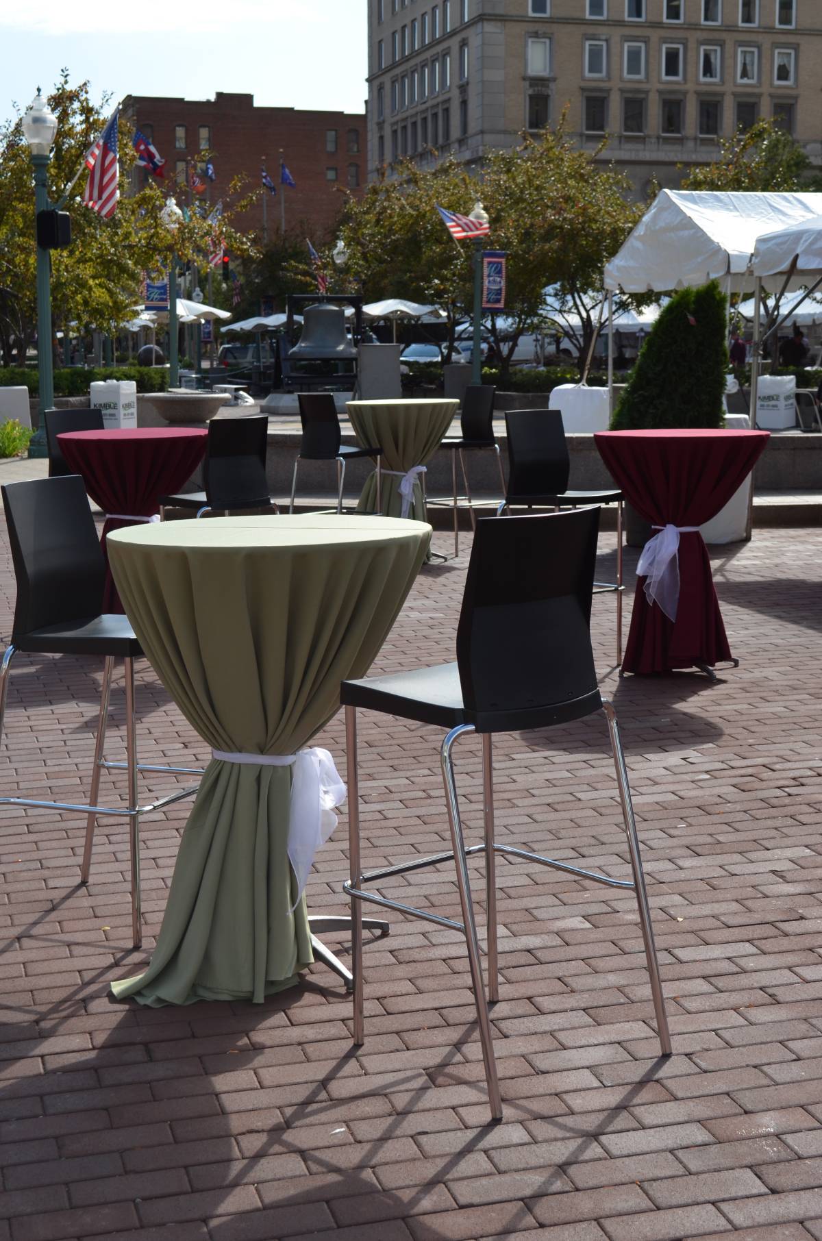 120" Round Light Olive Solid Tablecover On 30" Round Cocktail Table Tied Up With An Organza Sash